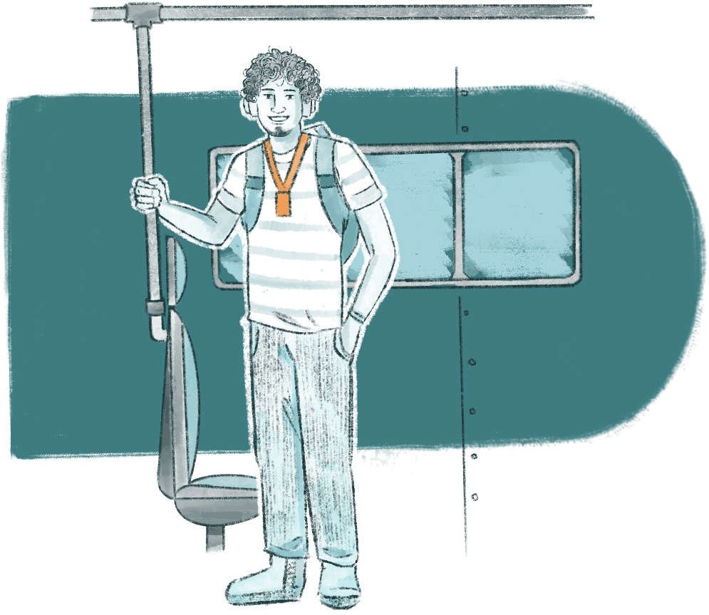 A ilustra&ccedil;&atilde;o mostra a persona Maur&iacute;cio dentro de um &ocirc;nibus.