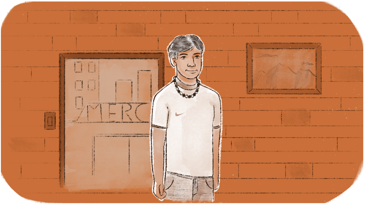 A ilustra&ccedil;&atilde;o mostra a persona Cau&atilde; entrando em uma sala.