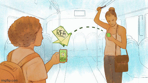 O GIF mostra duas colegas em um ônibus, uma envia um Recurso Educacional Aberto para a outra pelo telefone. A ideia é demonstrar a realidade de estudantes trabalhadores com pouco tempo disponível para estudar em casa e as possibilidades de uso do REA através de dispositivos móveis.