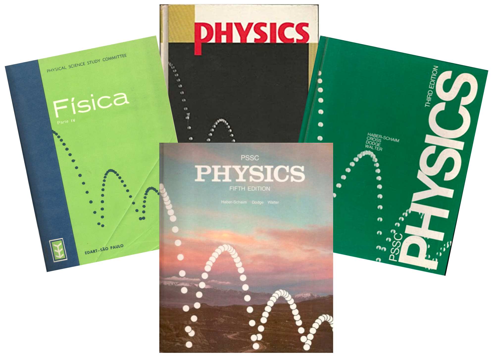 A imagem mostra quatro livros didáticos de Física, da época mencionada.
